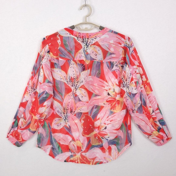 Chicos Pleated Sleeve Blouse Dreamy Lily Floral Watermelon Punch Red Pink 1.5 - Picture 7 of 15
